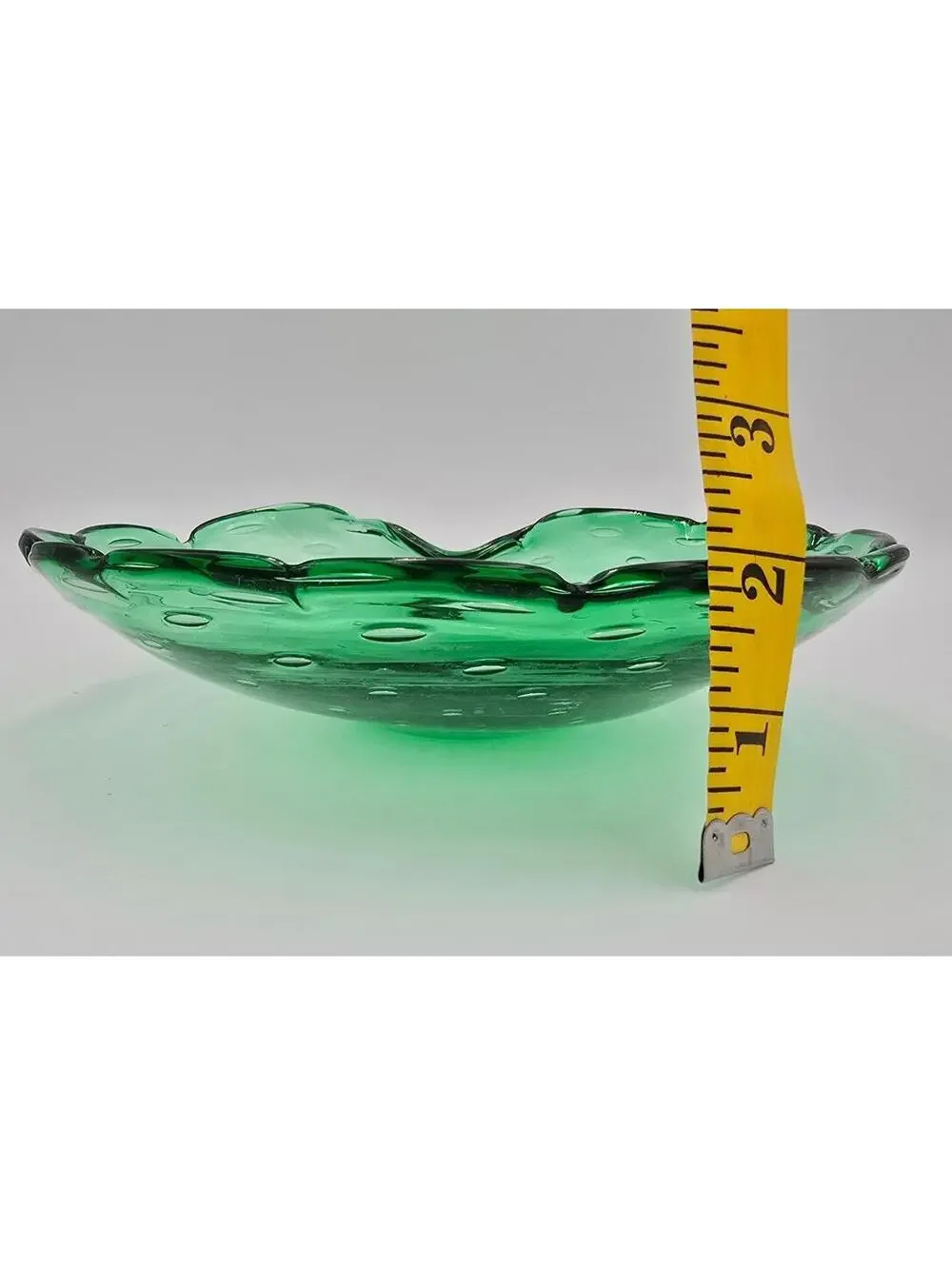Vintage Green Controlled Bubble Art Glass Bowl Murano Style Scalloped Candy Dish